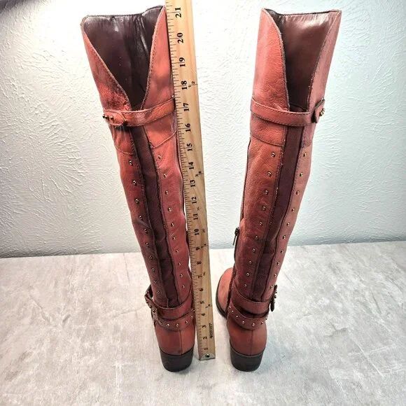 Vince Camuto Equestrian Boots 7.5 Brown Leather Knee High Studded Western Riding - Picture 4 of 14